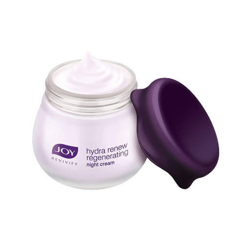 Jar of JOY Revivify hydra renew regenerating night cream with purple lid on a white background