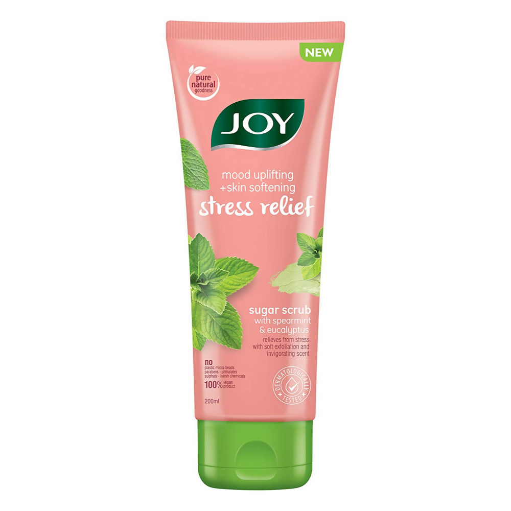 JOY stress relief sugar scrub tube with mint leaves on a white background