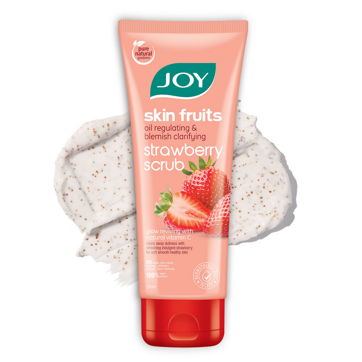JOY skin fruits strawberry scrub with packaging and scrub material on a white background