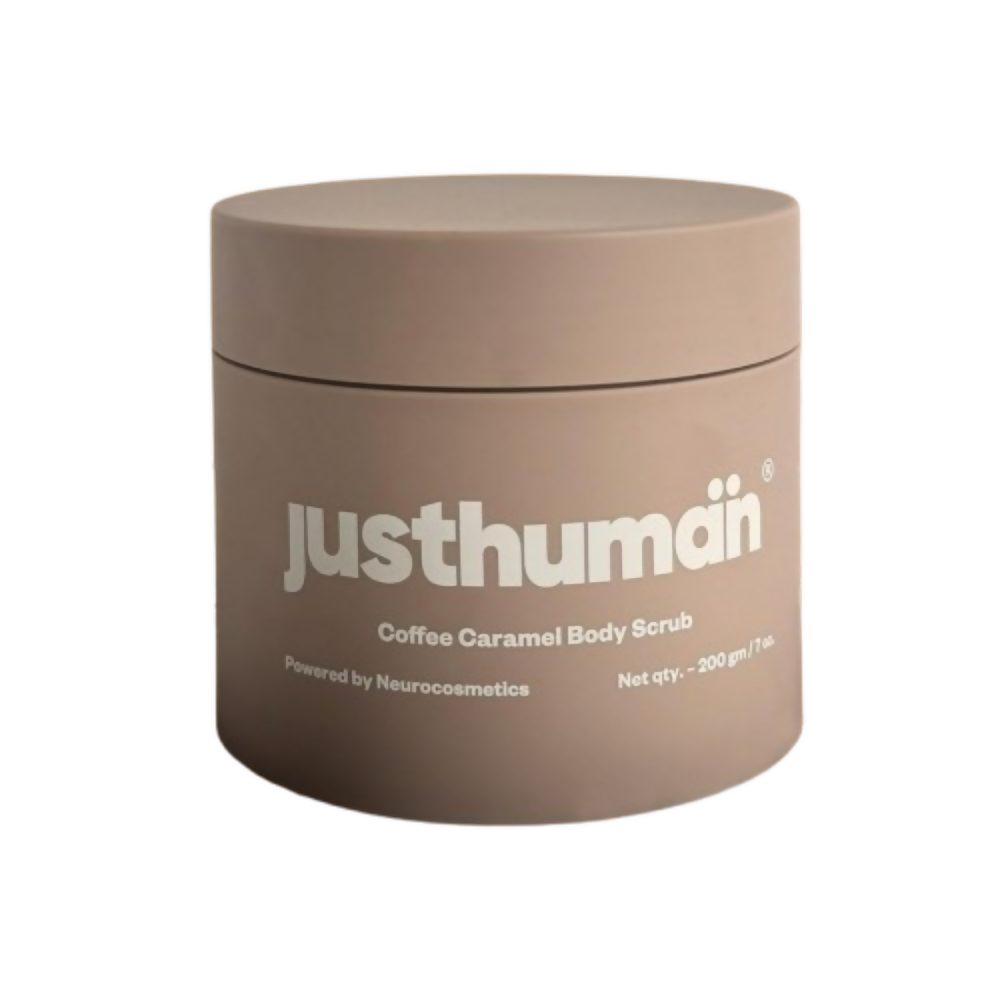 Justhuman coffee caramel body scrub container on a white background