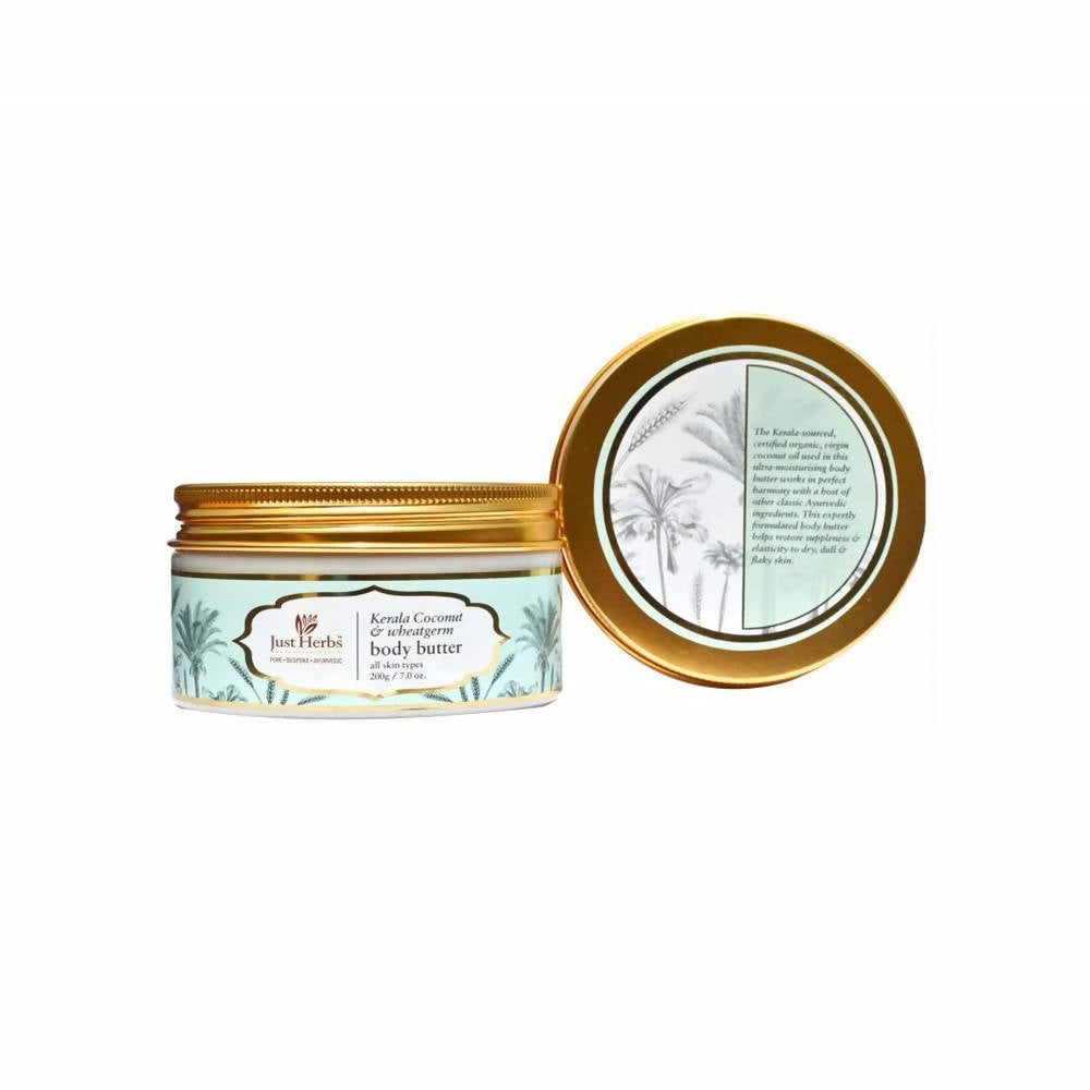 Jar of body butter with a gold lid on a white background