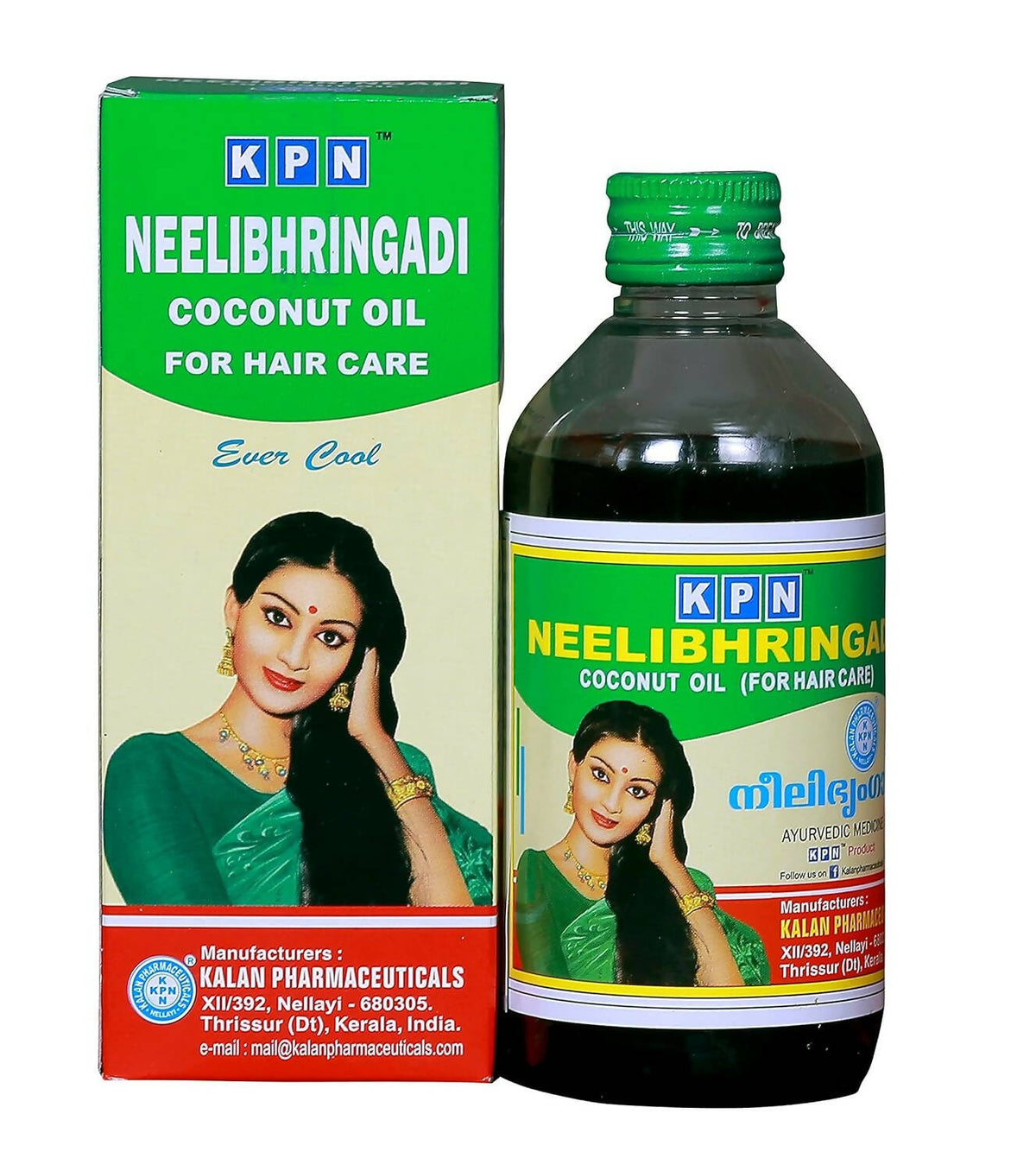 KPN Neelibhringadi coconut oil packaging with a woman's image on a white background