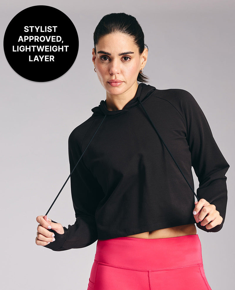 Kica KIC605 Black Cropped Hoodie - In Cotton Terry Fabric