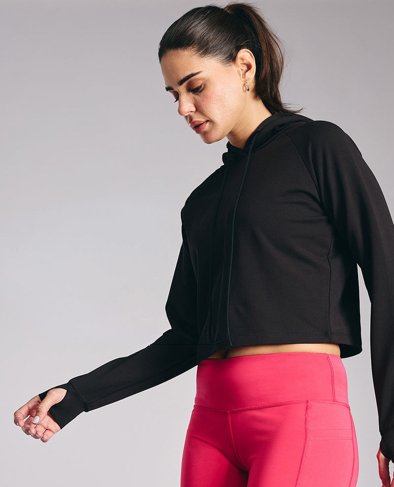 Kica KIC605 Black Cropped Hoodie - In Cotton Terry Fabric