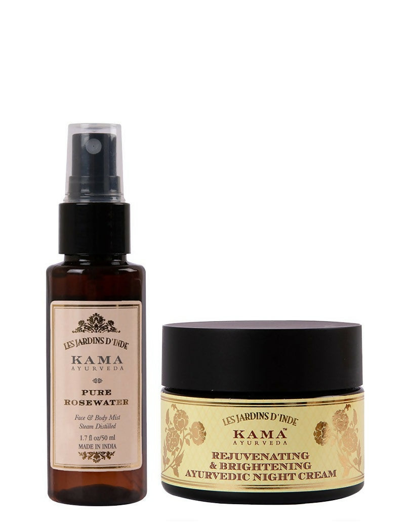 Kama Ayurveda Pure Rosewater spray bottle and Rejuvenating & Brightening Night Cream on a white background