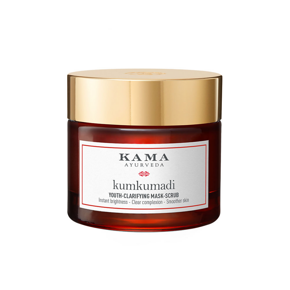 Kama Ayurveda kumkumadi youthclarifying mask-scrub jar with gold lid on a white background