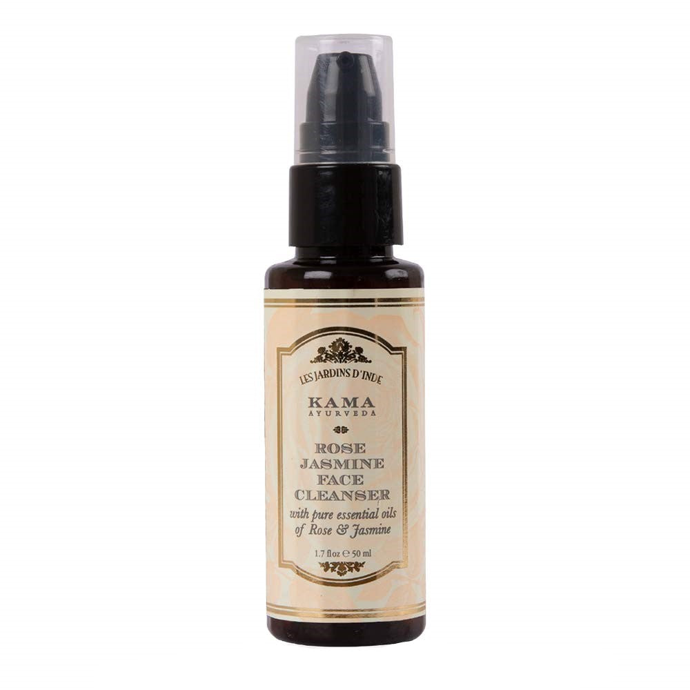 Kama Ayurveda Rose Jasmine Face Cleanser in a spray bottle with a black nozzle, labeled with the brand and product name.