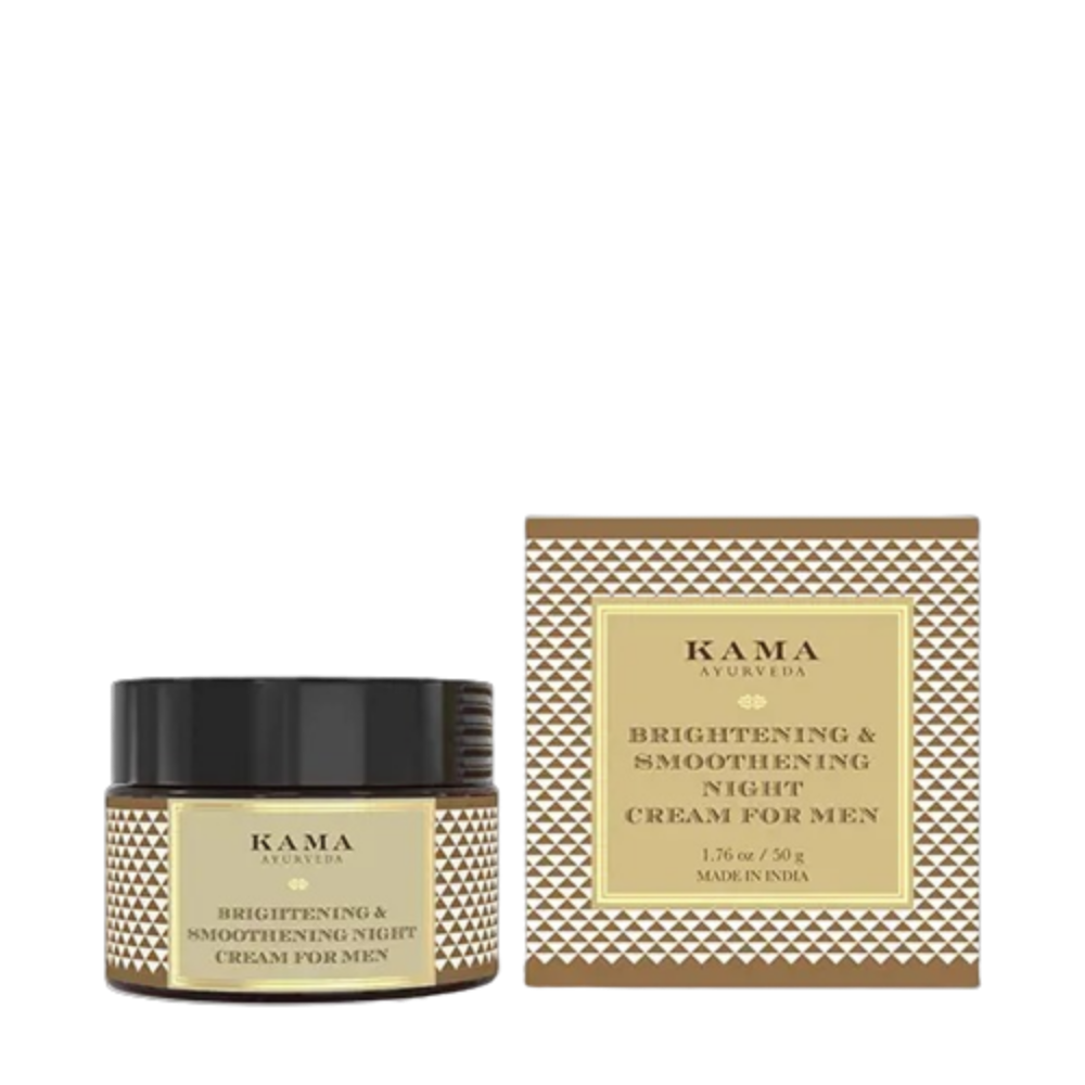 Kama Ayurveda brightening and smoothing night cream for men with packaging on a white background