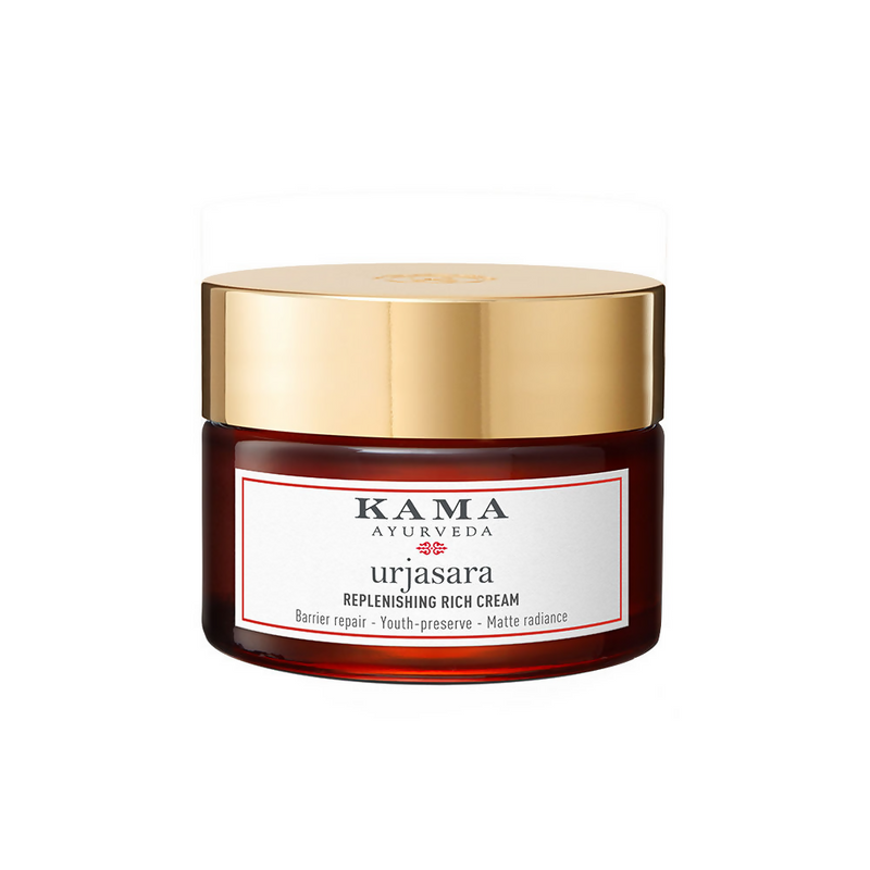 Kama Ayurveda Urjasara Replenishing Rich Cream jar with gold lid on a white background