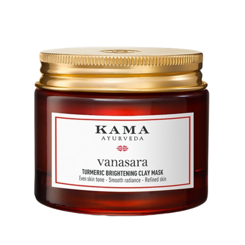 Kama Ayurveda Vanasara Turmeric Brightening Clay Mask jar with gold lid on a white background
