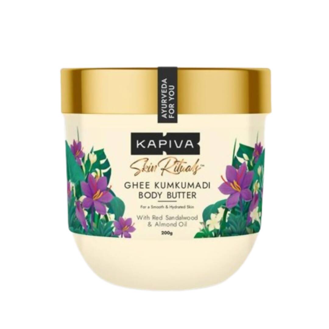 Kapiva Ghee Kumkumadi Body Butter container with floral design on a white background