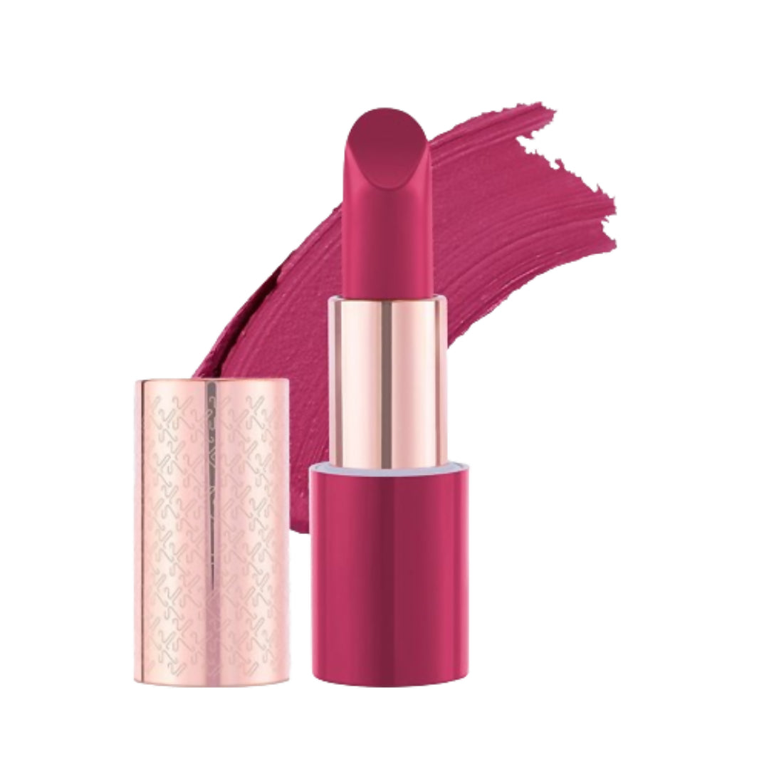 Pink lipstick with a swatch on a white background