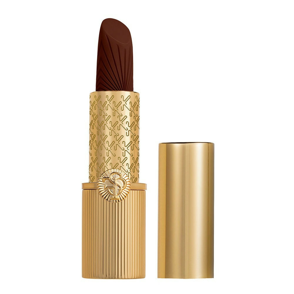 Brown lipstick with gold case on a white background