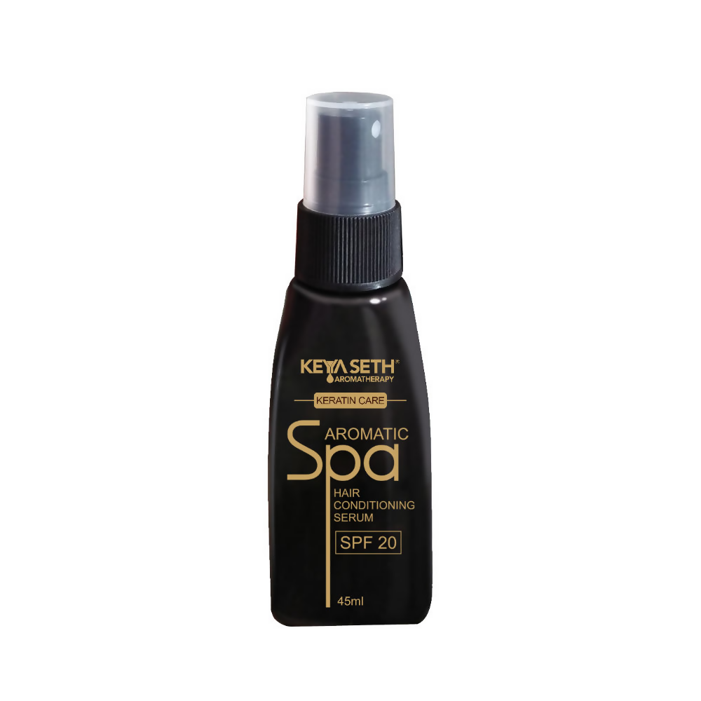 Keya Seth Aromatic Spa hair conditioning serum bottle on a white background
