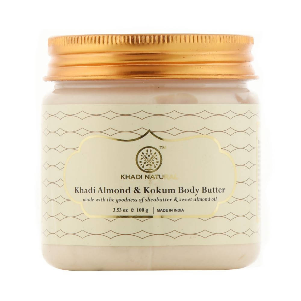 Jar of Khadi Almond & Kokum Body Butter with gold lid on a white background