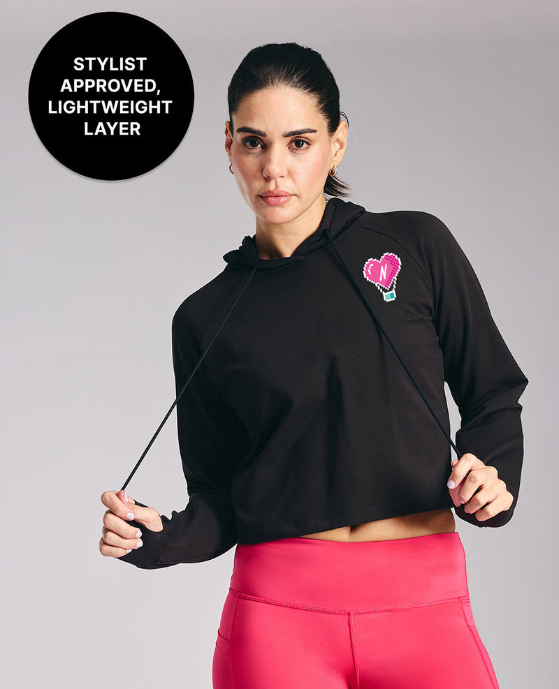 Kica KIC604 Black Cropped Hoodie - In Cotton Terry Fabric