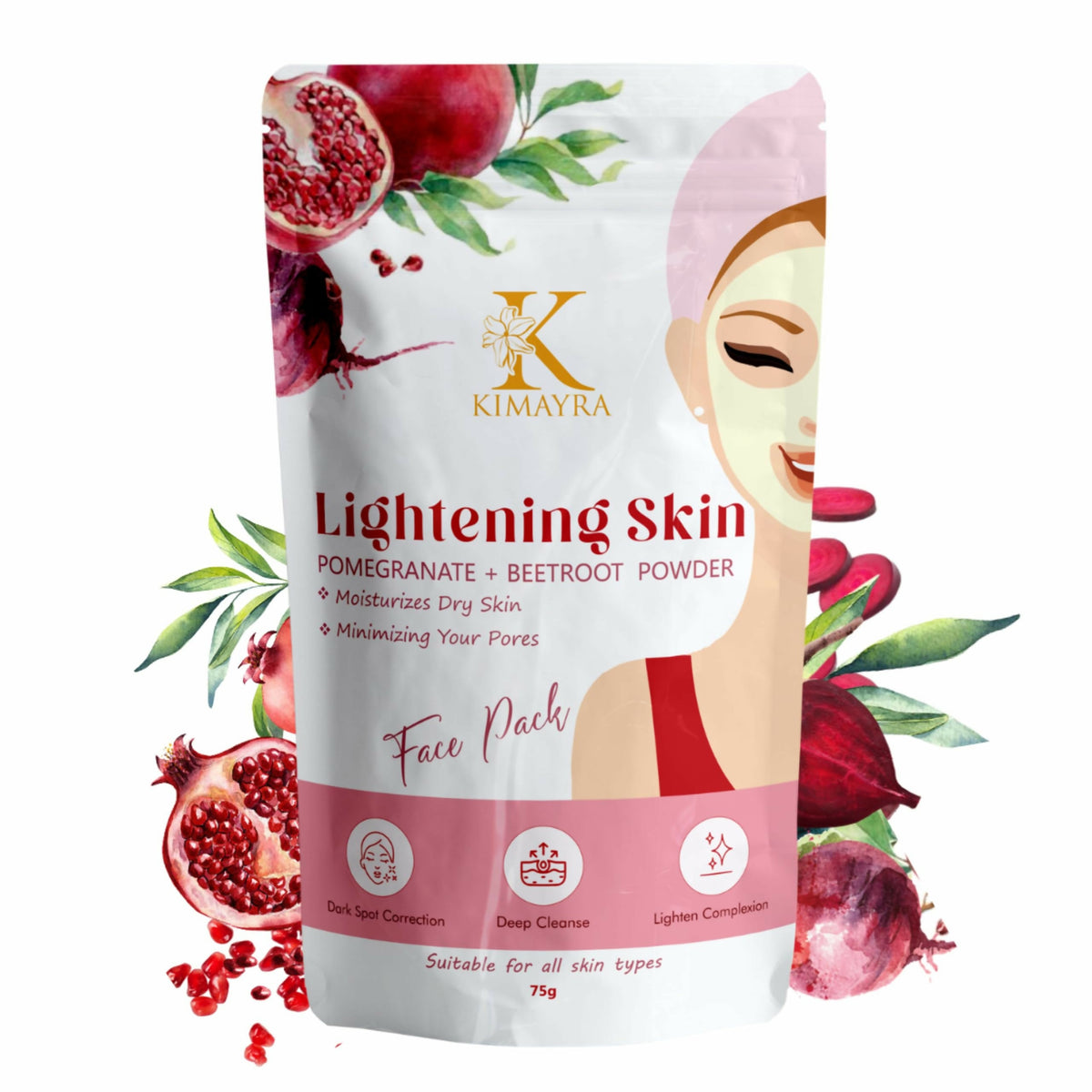 Kimaya lightening skin powder package with pomegranate and beetroot graphics on a white background