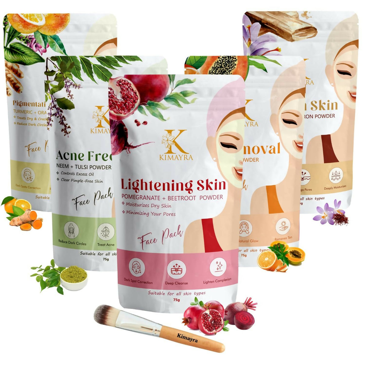 Collection of Kimayra skincare products including face packs and a brush on a white background.