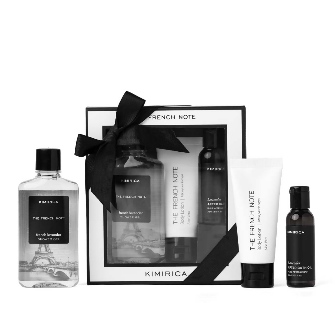 Kimirica 'The French Note' grooming set with various products on a white background