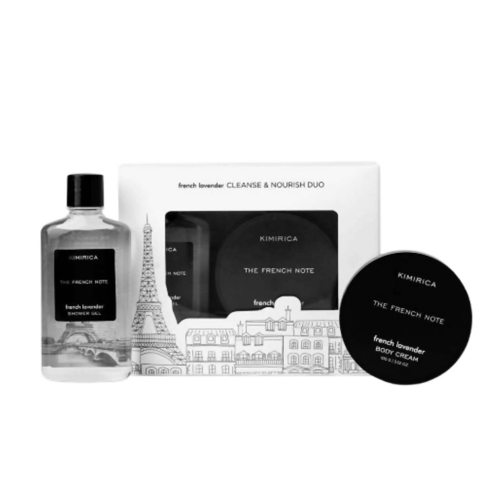 French Lavender Cleanse & Nourish Duo set with bottle, packaging, and body cream on a white background