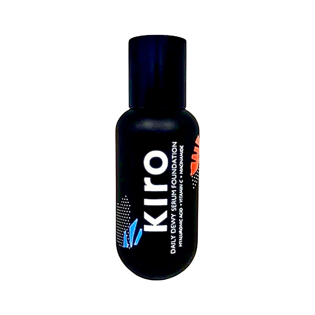 Black bottle of Kiro daily serum foundation on a white background