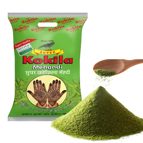 Kokila Mehandi packaging with green powder and wooden spoon on a white background