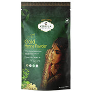 Kokila Organics Gold Henna Powder packaging with a woman's face and henna design on a green background.