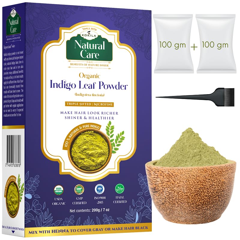 Korila Natural Care Organic Indigo Leaf Powder packaging with powder in a bowl and accessories.