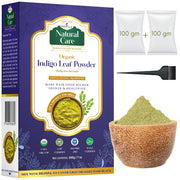 Korila Natural Care Organic Indigo Leaf Powder packaging with powder in a bowl and accessories.
