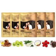 Pack of 5 hair dye products with ingredients on a white background
