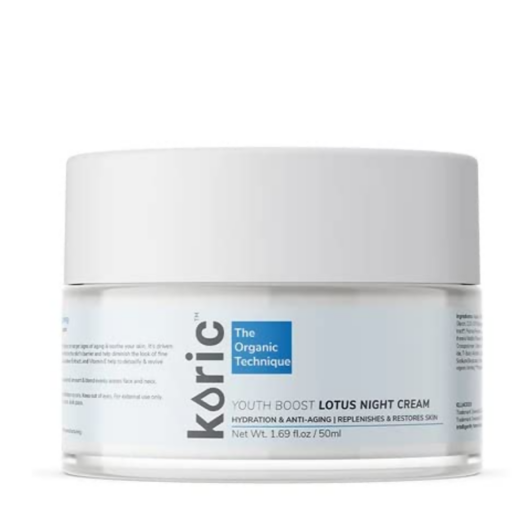 Koric youth boost lotus night cream jar on a white background
