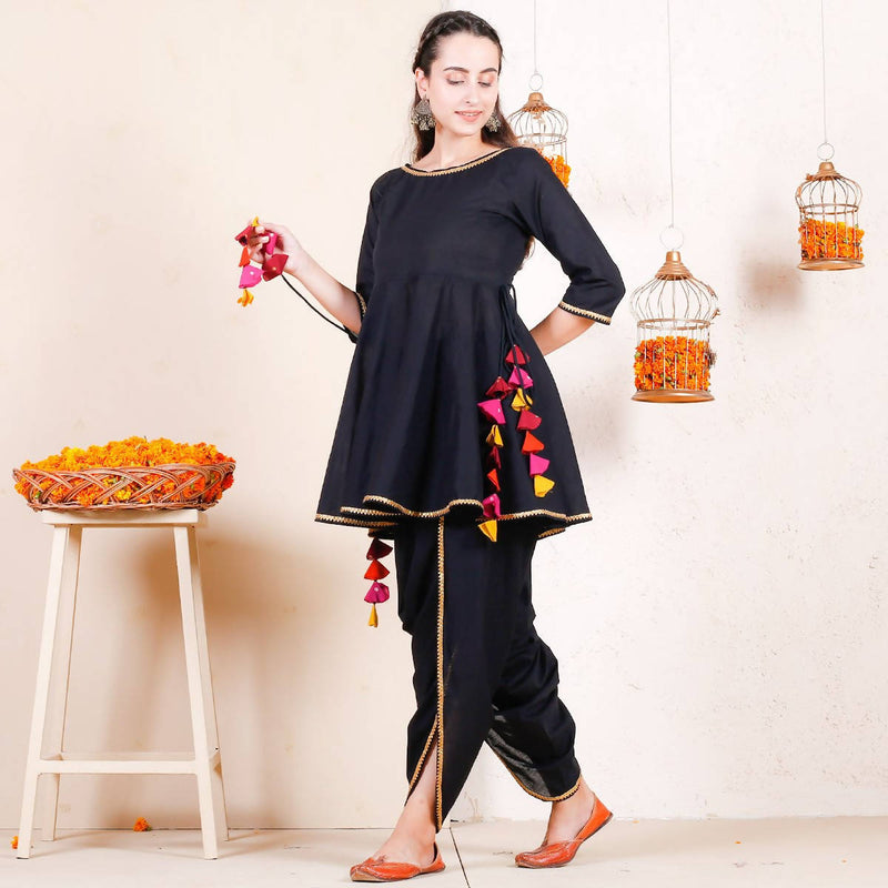 Cheera Black Dhoti Peplum Top Set With Multicolour Tassels (CH125KD)