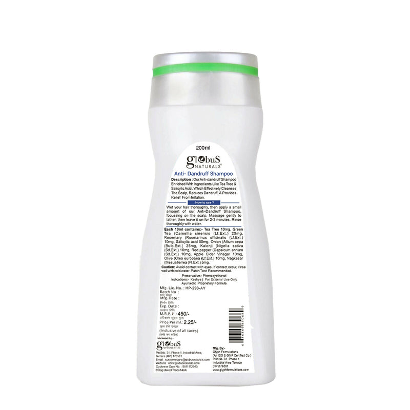 Globus Naturals Anti Dandruff Shampoo, For Dandruff and Itchy Scalp, Suitable For All Hair Types