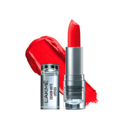 Red lipstick with silver packaging on a white background