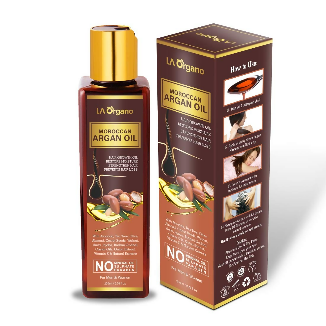 LA Organo Moroccan Argan Oil bottle and packaging on a white background