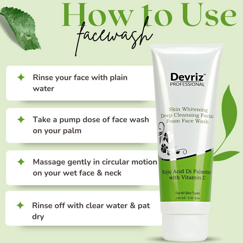 Devriz Professional Kojic Acid Face Wash For Reducing Pigmentation Dark Spots Uneven Skin Tone