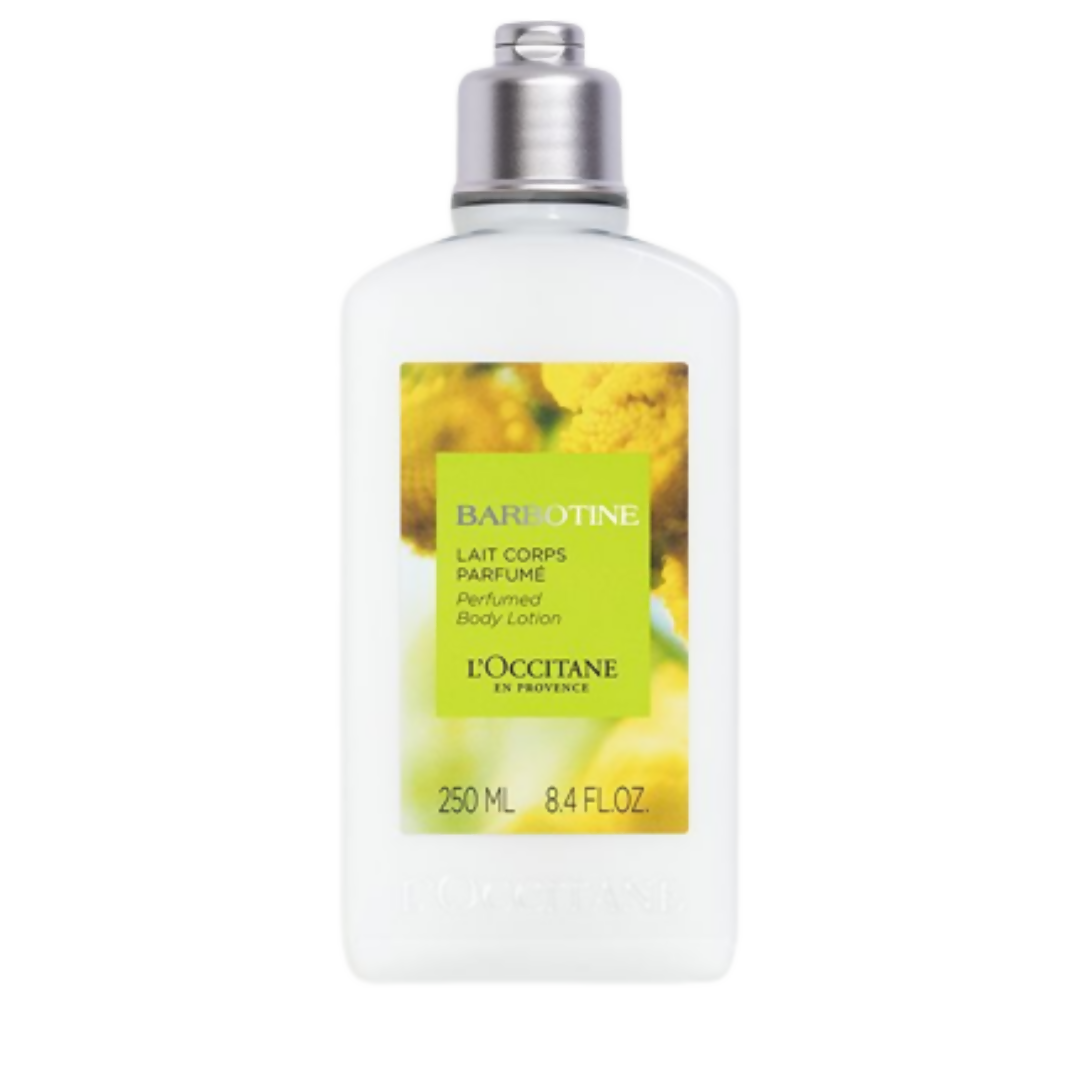 L'Occitane Barbotine Perfumed Body Lotion bottle with yellow label on a white background