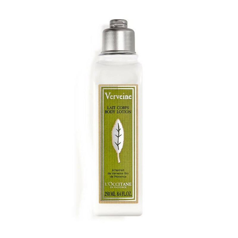 L'Occitane verbena body lotion bottle on a white background
