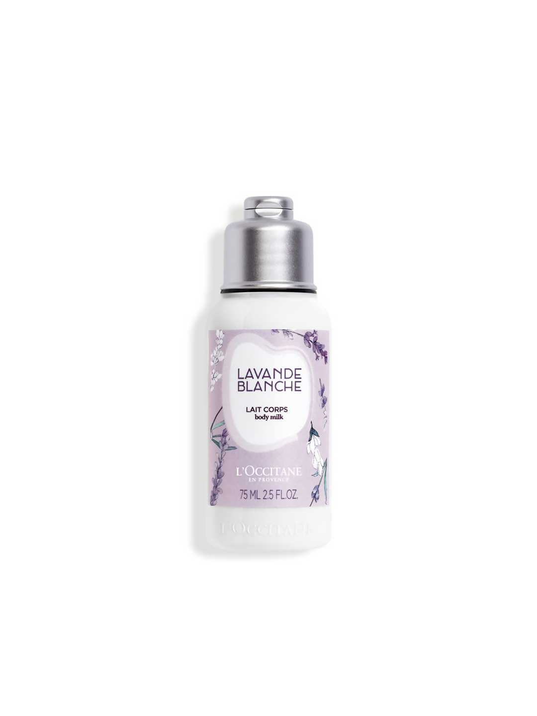 L'OCCITANE Lavande Blanche body milk bottle on a white background