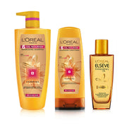 L'Oreal Paris hair care products including shampoo, conditioner, and serum on a white background
