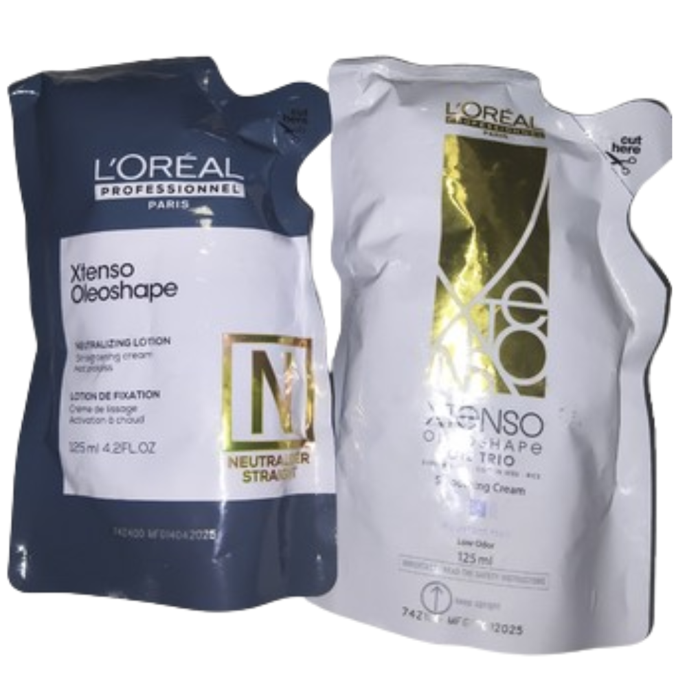 Two L'Oreal Xtenso Oleoshape hair product packages on a white background
