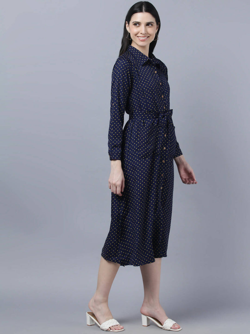 Myshka Women Navy Blue Yellow Printed Shirt Dress