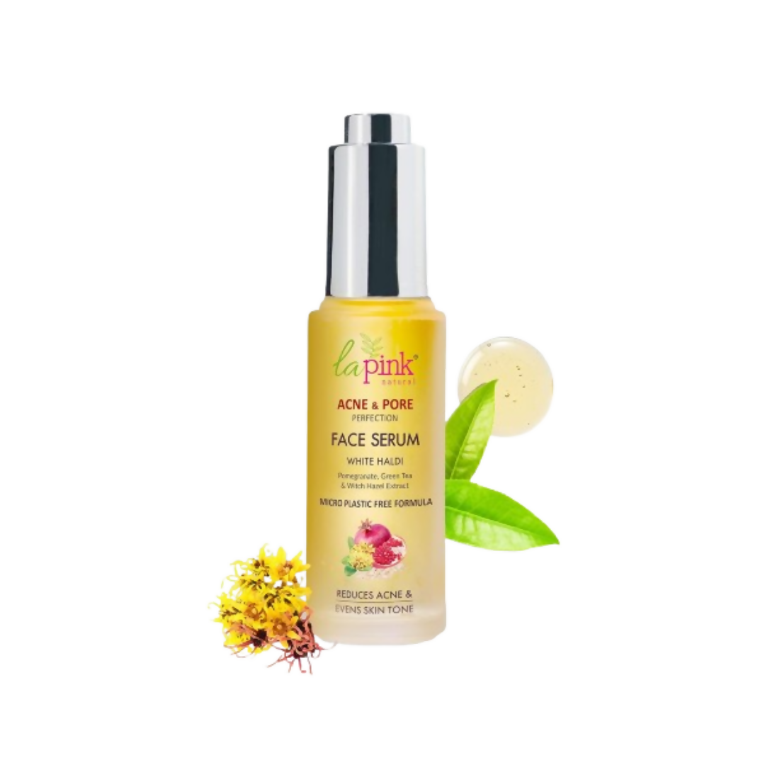 Face serum bottle with floral and leaf graphics on a white background