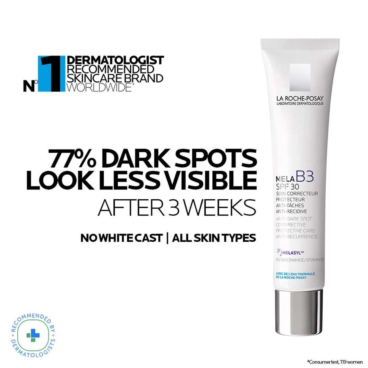 La Roche-Posay skincare product with text about dark spot reduction on a white background