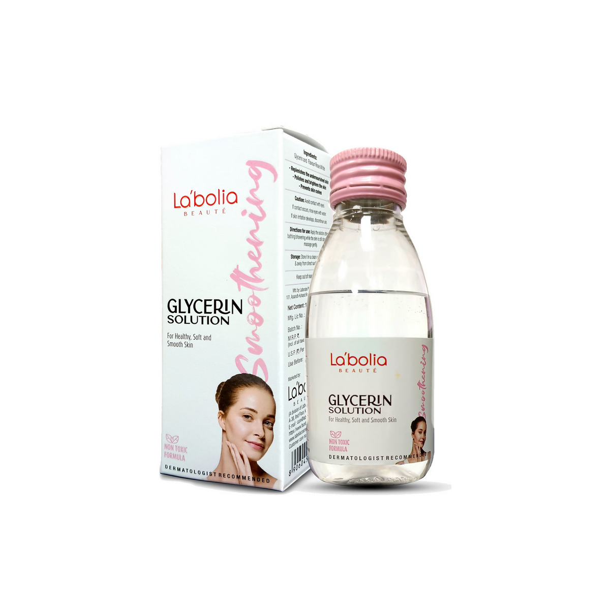 A bottle of Labolia Beaute Glycerin Solution with its packaging box. The bottle is transparent, revealing a clear liquid inside, with a pink cap.
