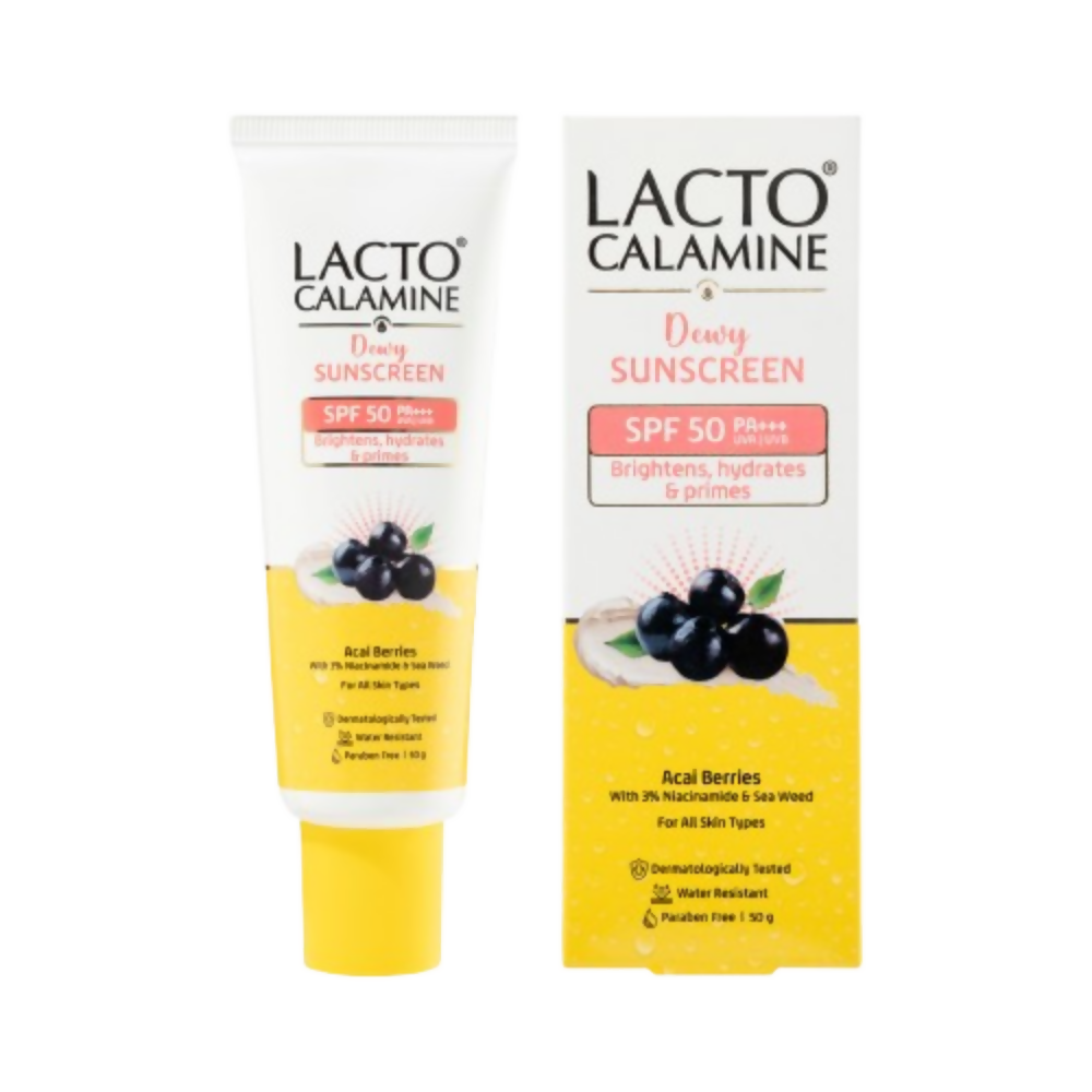 Lacto Calamine Dewy Sunscreen with acai berries on a white background