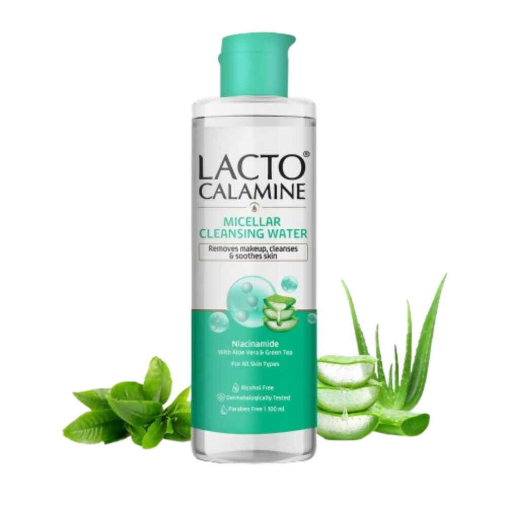 Lacto Calamine micellar cleansing water bottle with aloe vera leaves on a white background