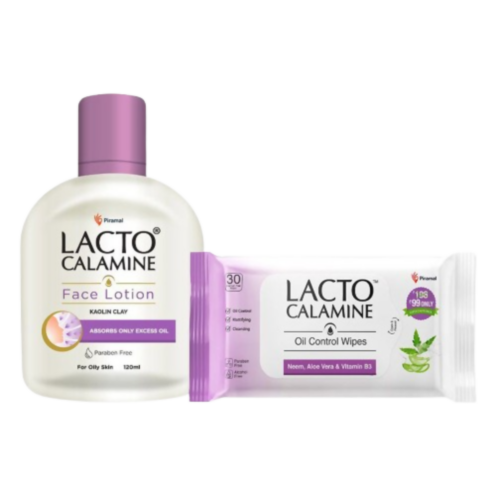 Lacto Calamine face lotion and oil control wipes on a white background