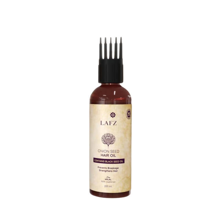 LAFZ onion seed hair oil bottle with black nozzle on a white background