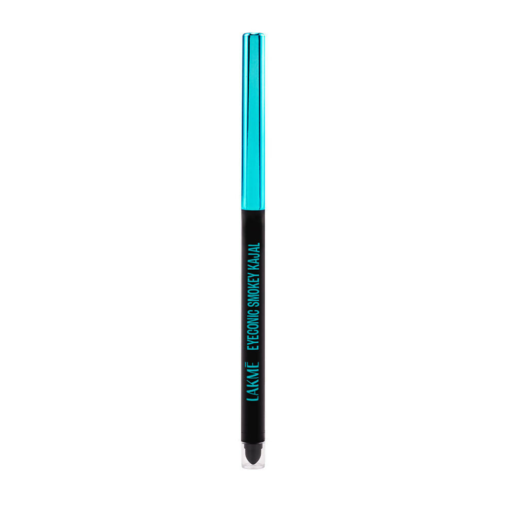 Eyebrow pencil with turquoise cap and black body on a white background